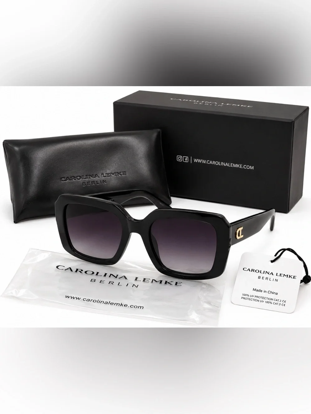 Carolina Lemke Berlin Coco black Oversized Square Sunglasses faux leather case